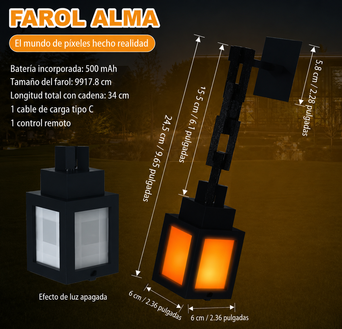 Farol LED Pixel Estilo Minecraft – Luz Amarilla Tipo Antorcha